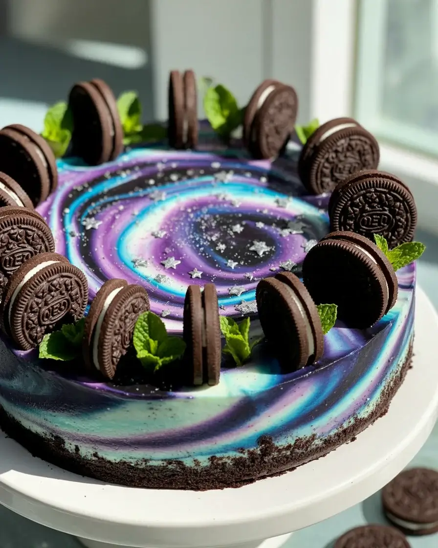 Stunning Mint Oreo Galaxy Cheesecake with cosmic swirls and edible glitter