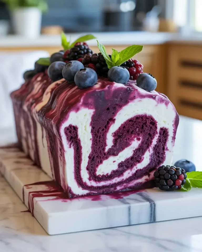 Stunning midnight berry ice cream loaf with beautiful purple swirls and creamy texture