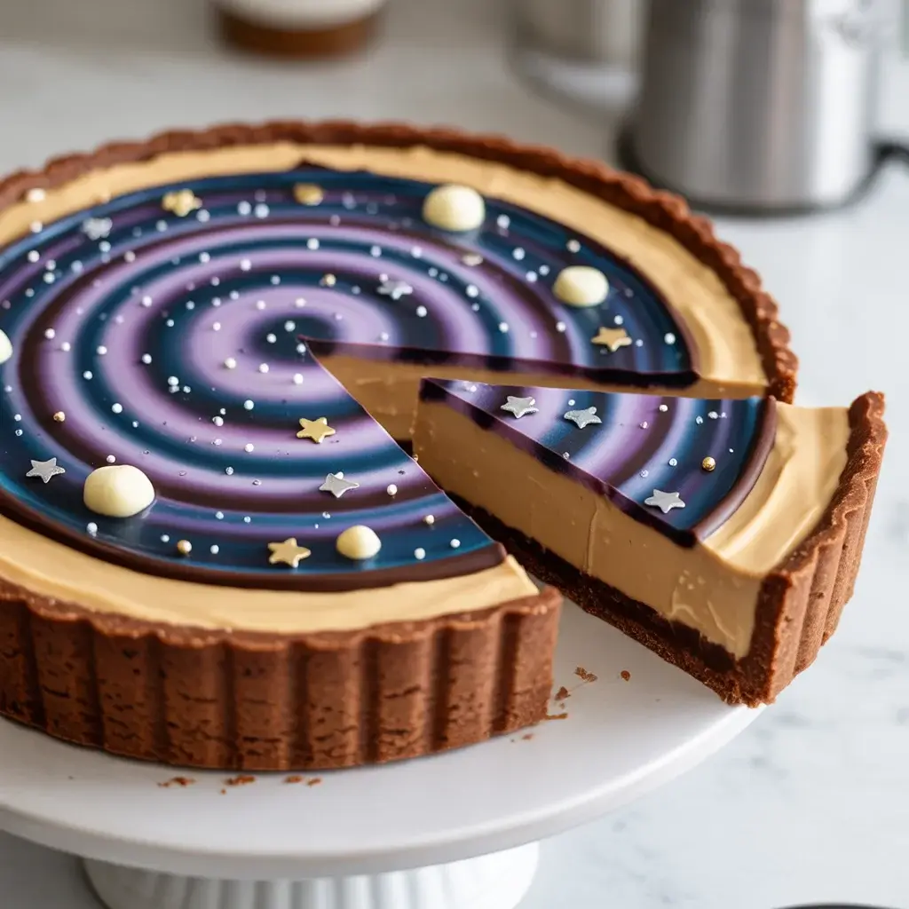 Stunning no-bake peanut butter tart with galaxy chocolate topping and edible stars