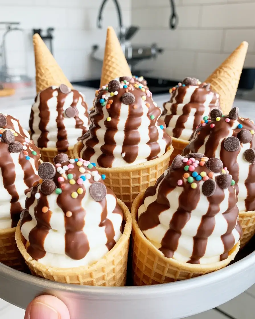 Sugar Cone Delights filled with cream, chocolate, and colorful toppings