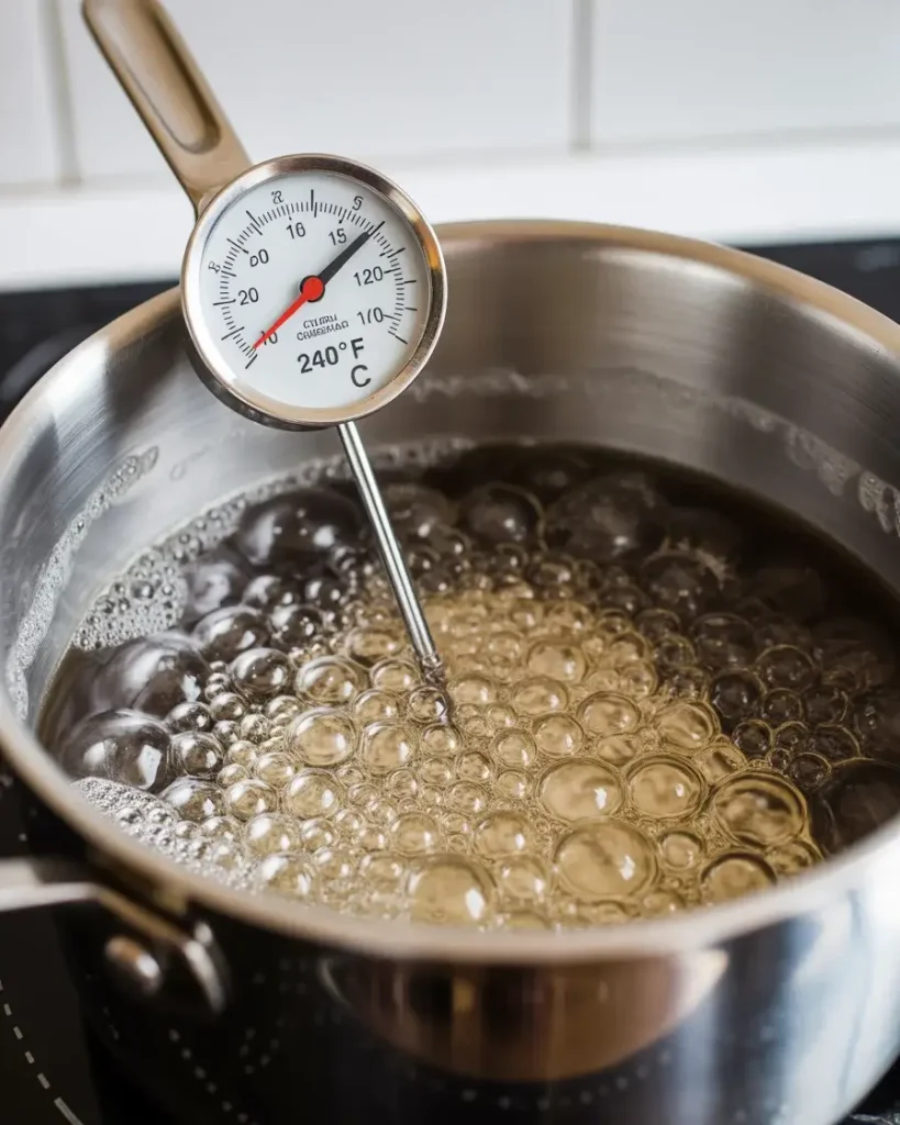 Sugar syrup reaching the critical 240°F temperature for perfect marshmallow texture