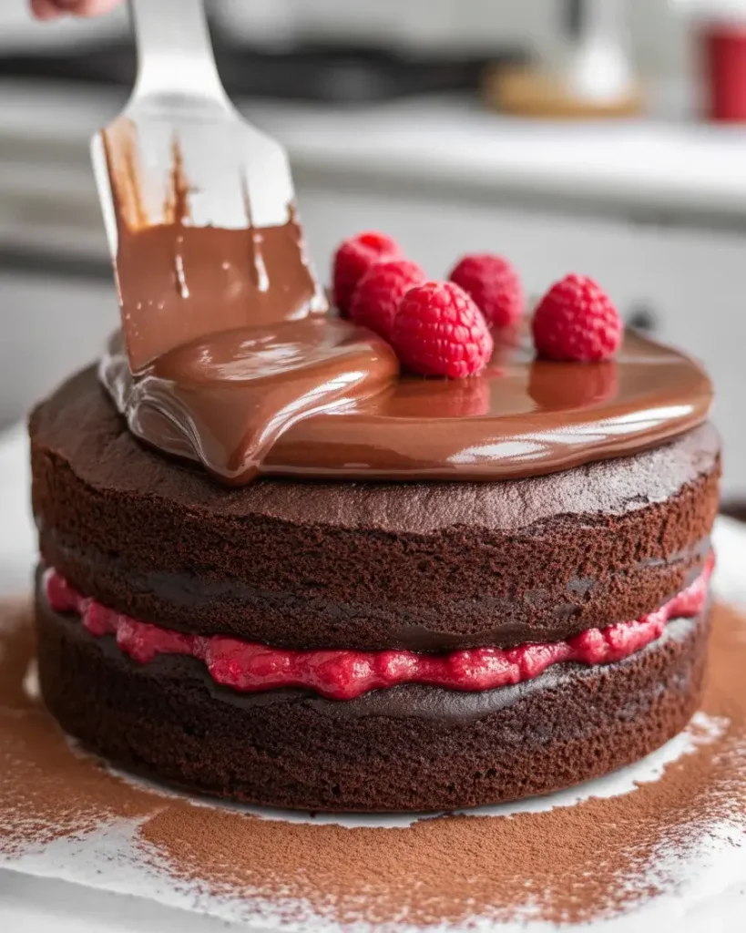 The ganache dam keeps raspberry filling perfectly centered between the dark layers