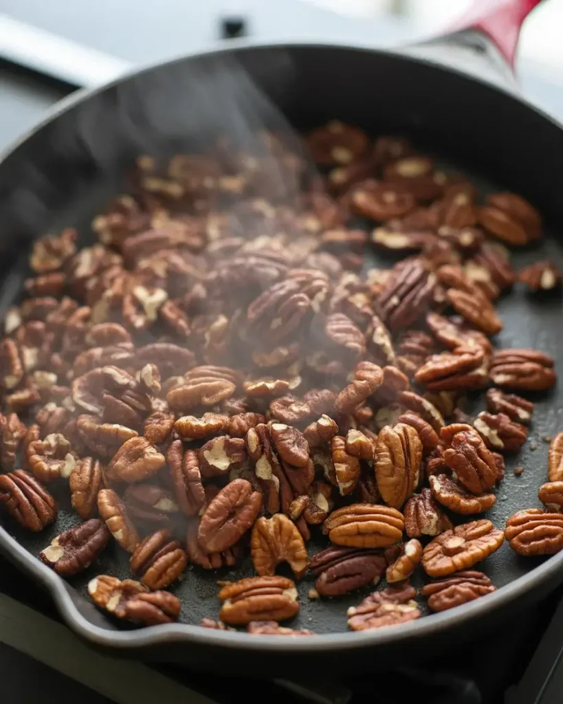 Toasted pecans in a skillet until deep golden brown and fragrant
