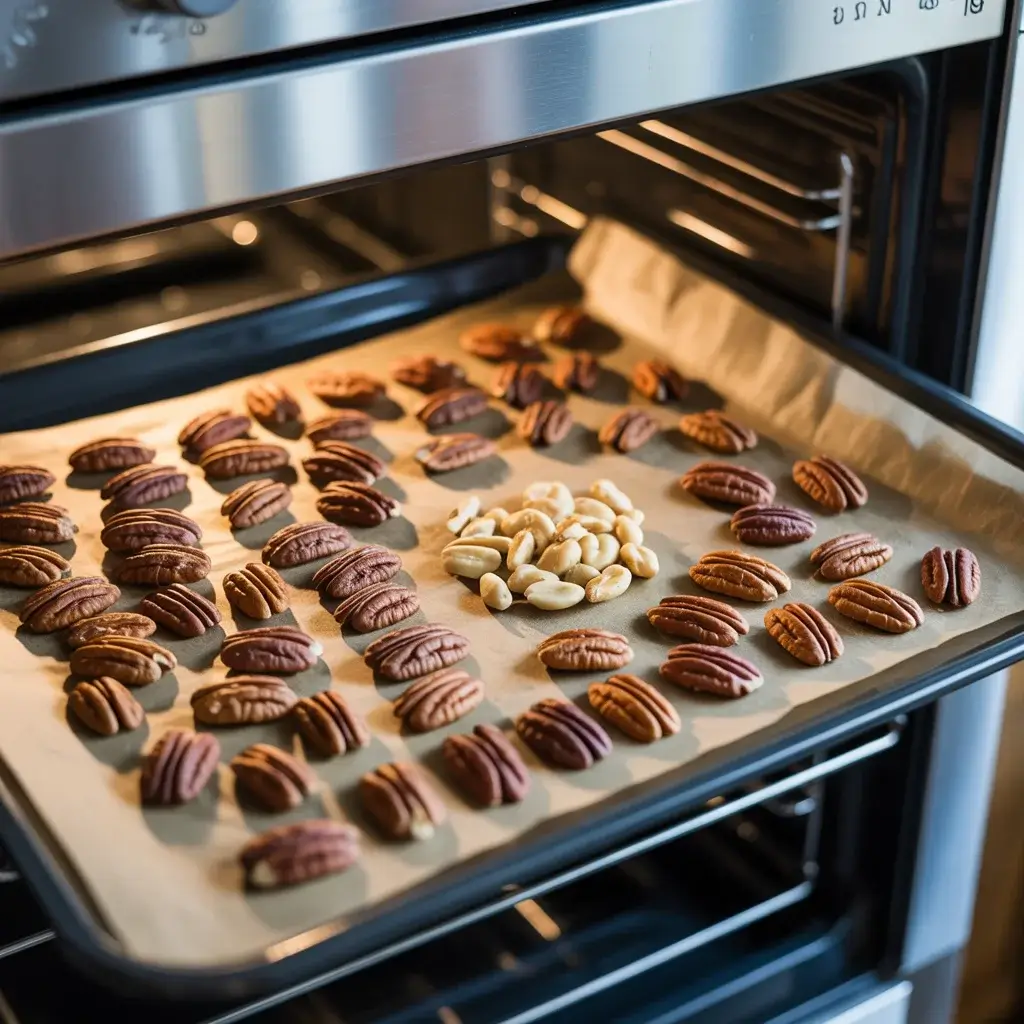 Toasting pecan halves at 350°F deepens flavor before adding to caramel
