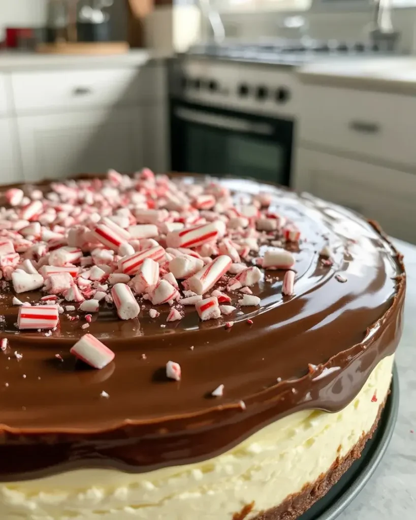 Top with chocolate ganache and crushed candy canes while ganache is still wet