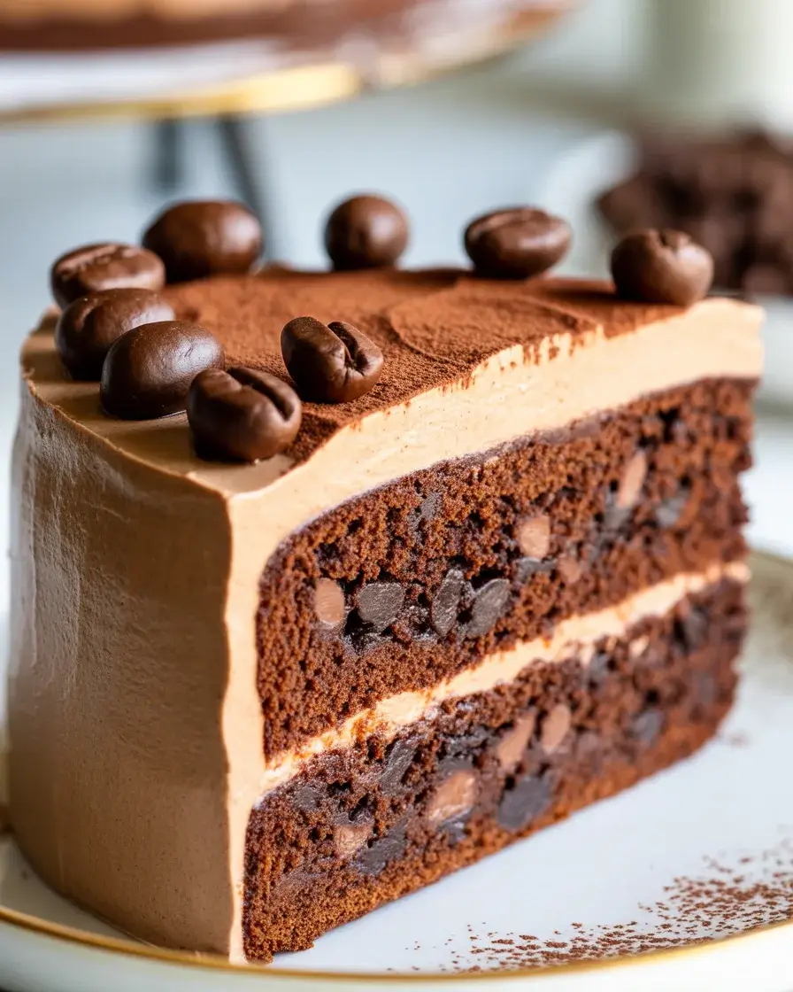 Ultimate espresso chip cake with mocha frosting and chocolate-covered espresso beans