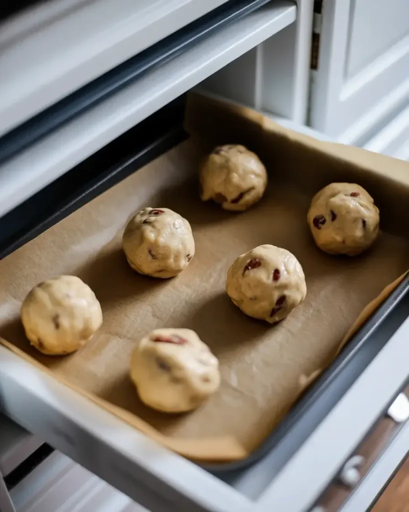 Unbaked filled cookie dough balls ready to freeze for baking later