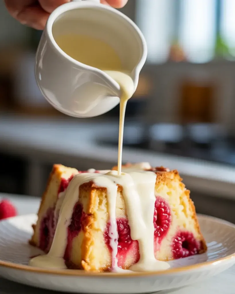 Vanilla sauce being poured over warm bread pudding for extra richness