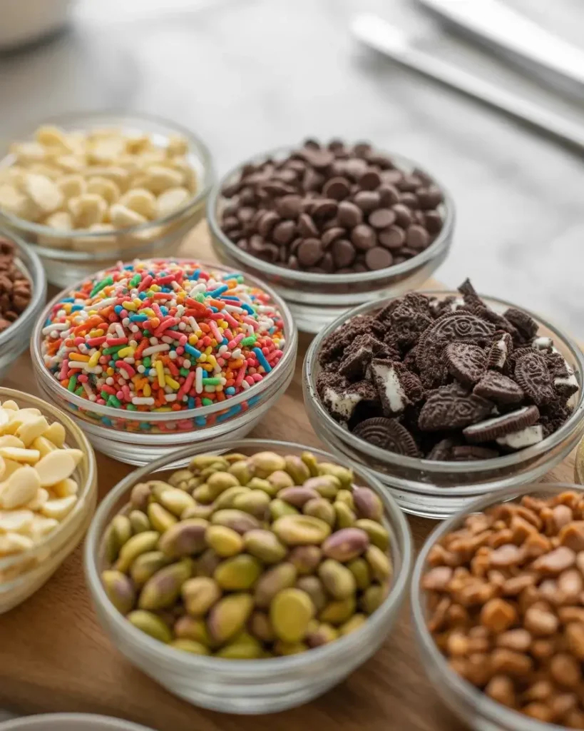Variety of toppings ready for decorating sugar cone delights