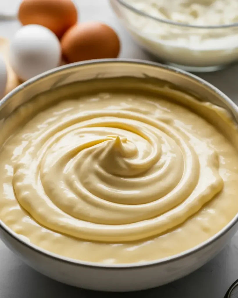 Velvety cheesecake filling mixed gently to avoid incorporating excess air