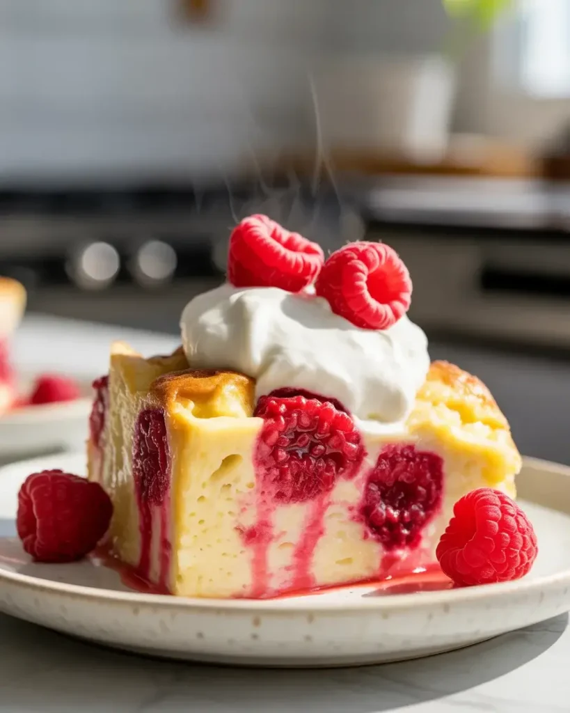 Warm raspberry bread pudding served with whipped cream and fresh berries