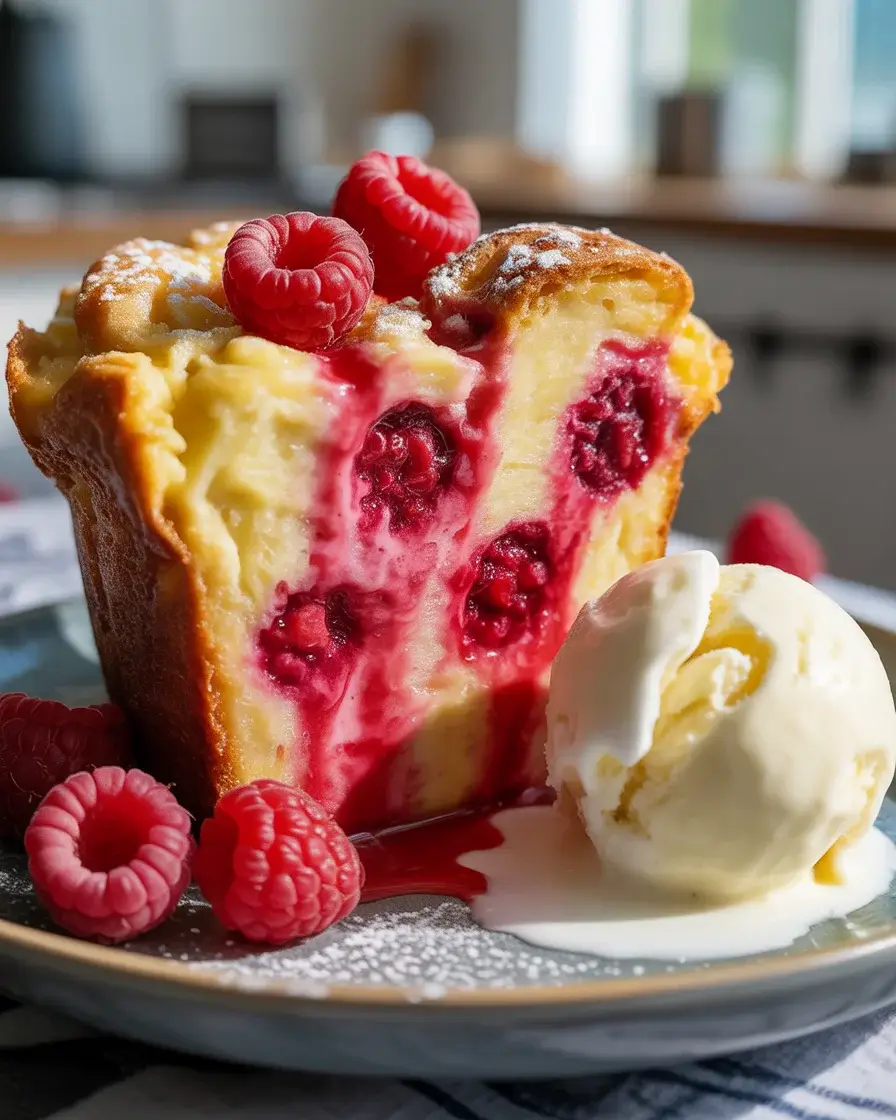 Warm raspberry bread pudding with crispy top and vanilla ice cream