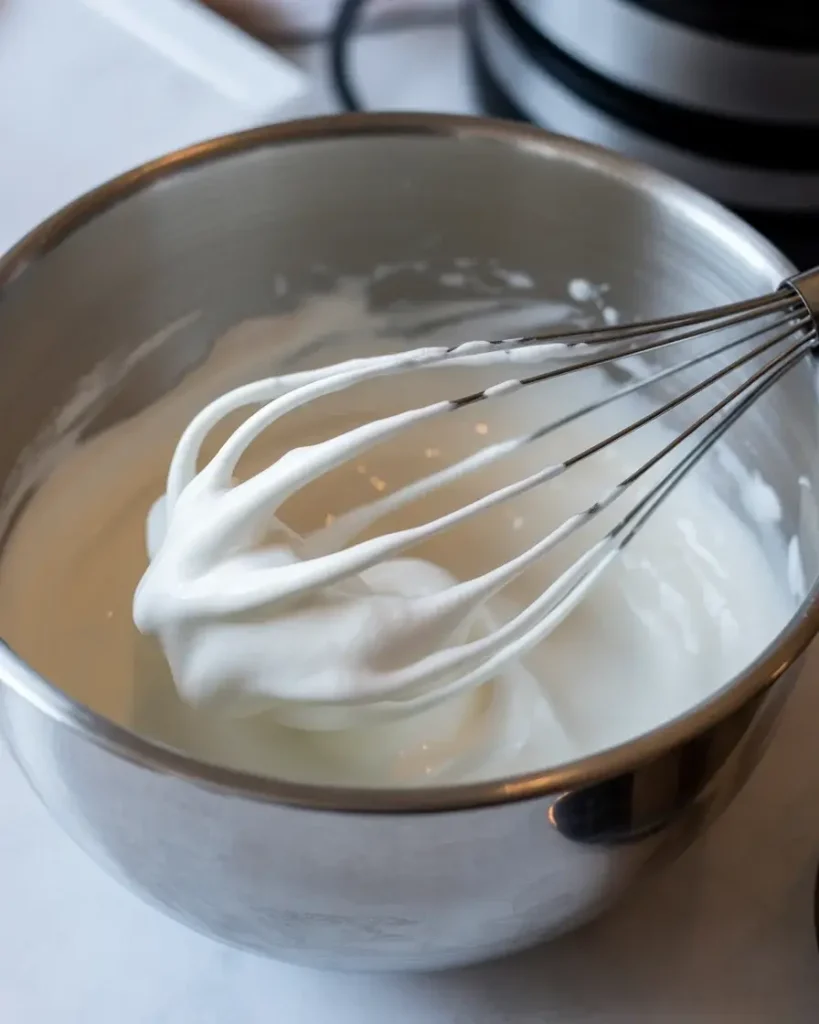 Whipped cream beaten to stiff peaks before folding, the key step for a light, airy filling