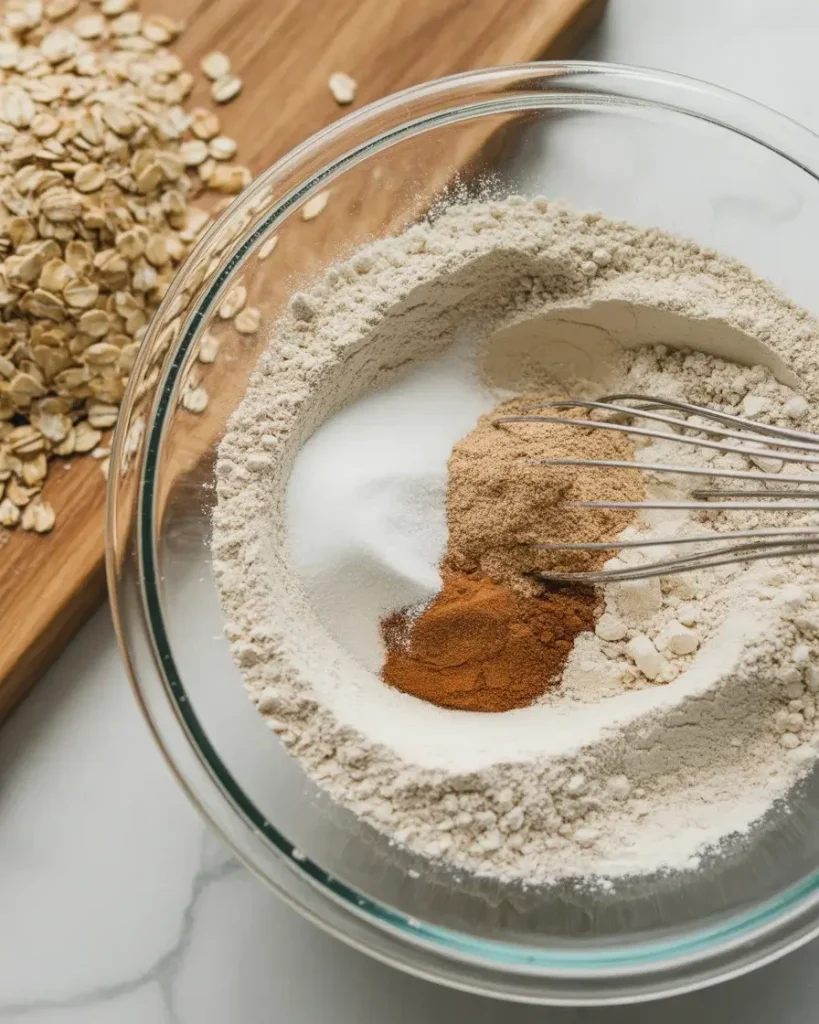  Whisking dry ingredients with warm cinnamon for the oatmeal cookie base