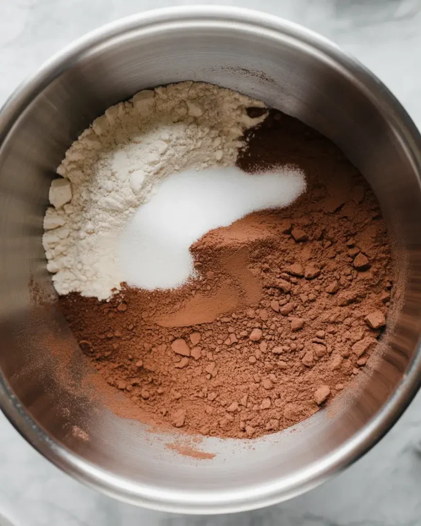 Whisking together flour, cocoa, and leavening agents for the cake base