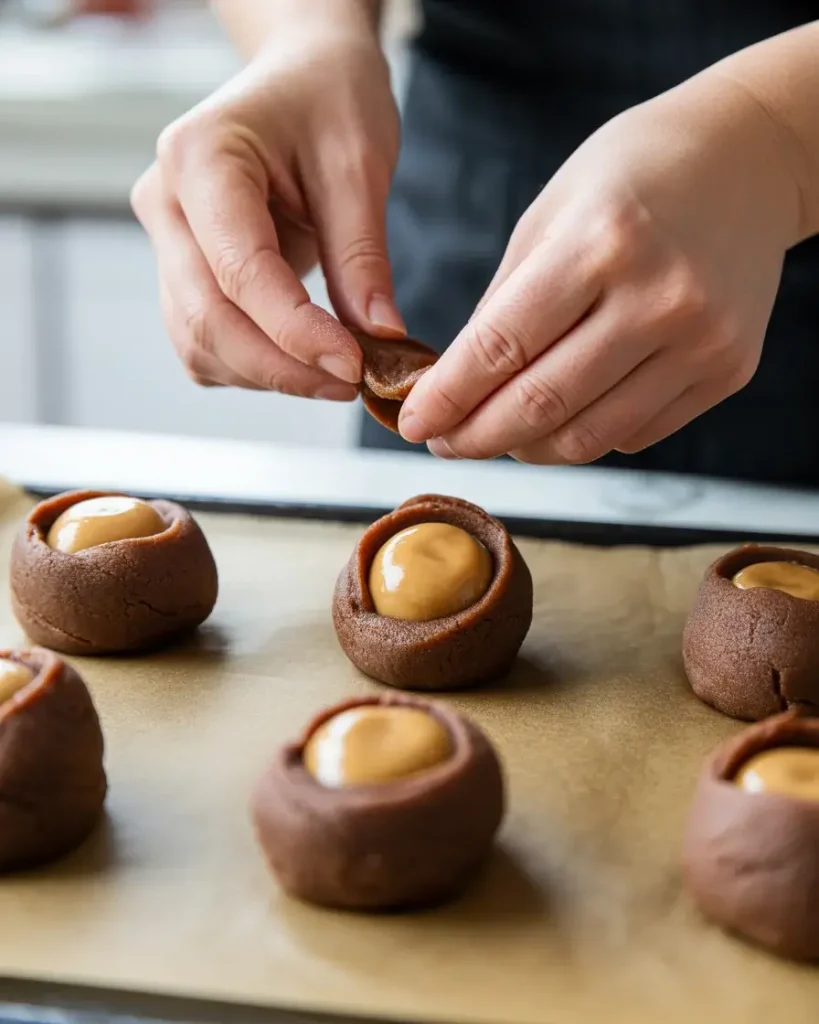  Wrapping caramel inside cookie dough balls before baking at 350°F