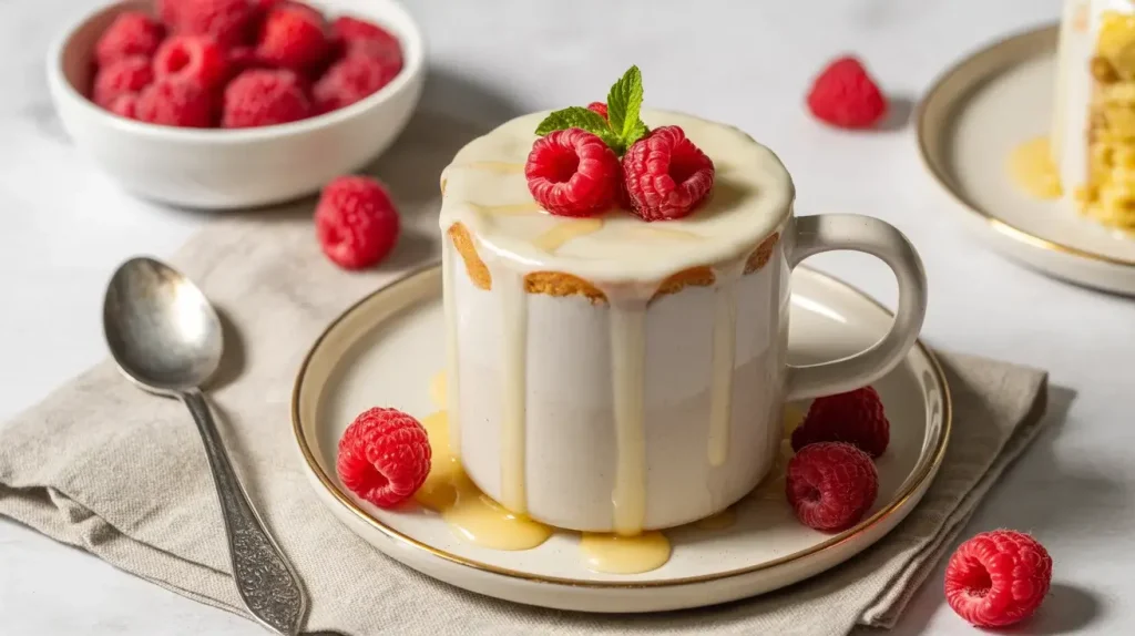 Fluffy Almond Cottage Cheese Mug Cake with Honey Glaze