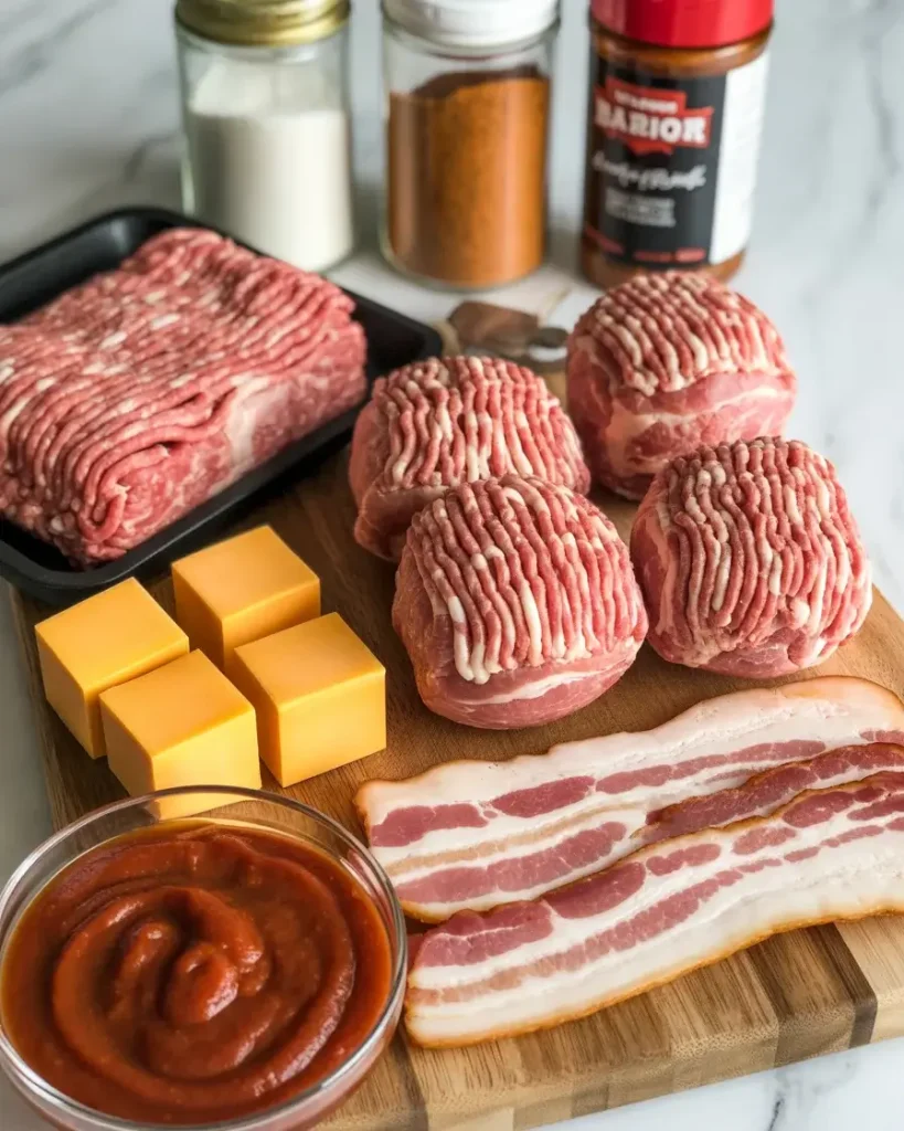 All ingredients prepped and ready for assembling cheddar stuffed BBQ bacon bombs