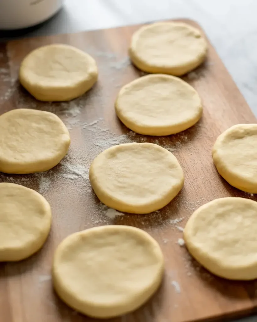 Biscuit dough pressed into flat circles ready for stuffing