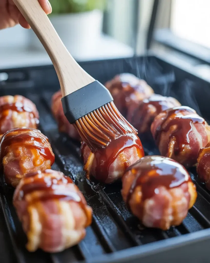 Brushing a double coat of BBQ sauce onto the bombs to build a sticky caramelized glaze