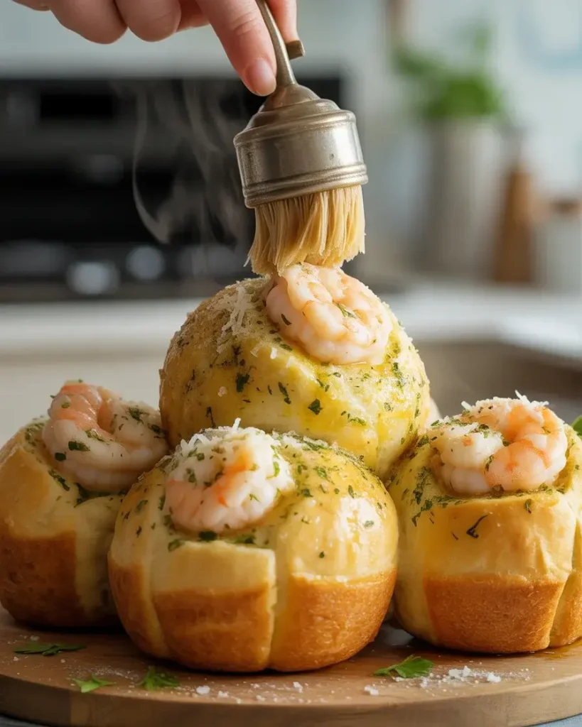 Brushing hot bread bombs with final garlic butter coat and Parmesan