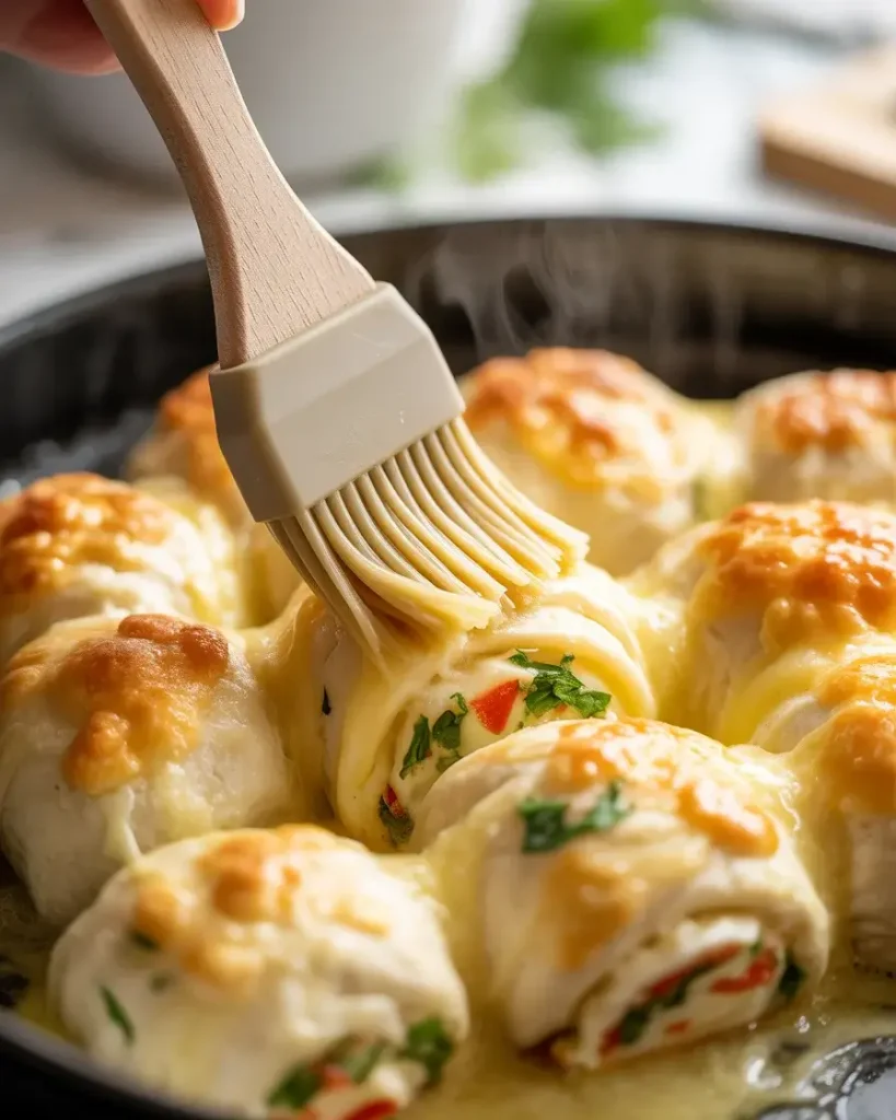 Brushing warm rollups with a final layer of melted butter right out of the oven