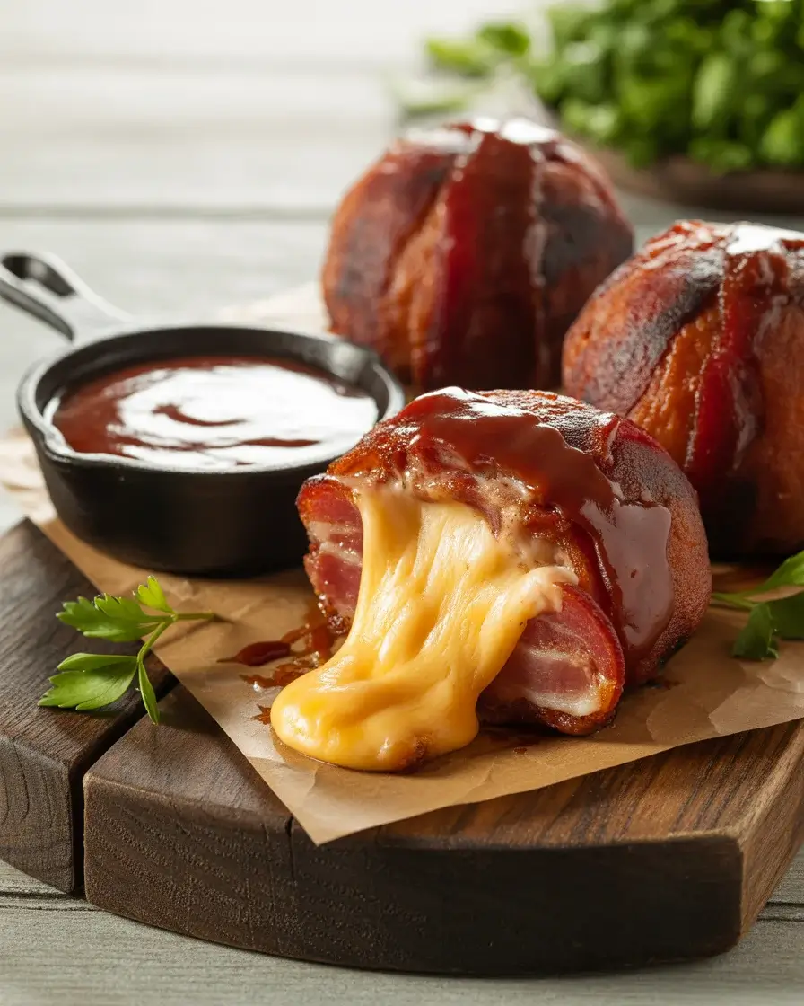 Cheddar stuffed BBQ bacon bombs with crispy glazed bacon and a molten cheese pull inside