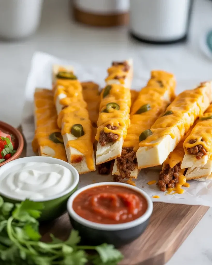 Cheesy taco breadsticks cut and served with sour cream and salsa for dipping
