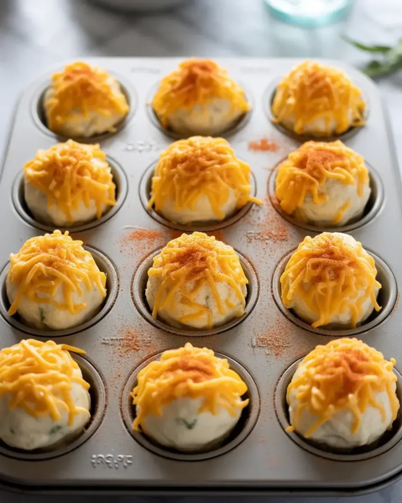 Crab bombs topped with sharp cheddar and Old Bay before going into the oven