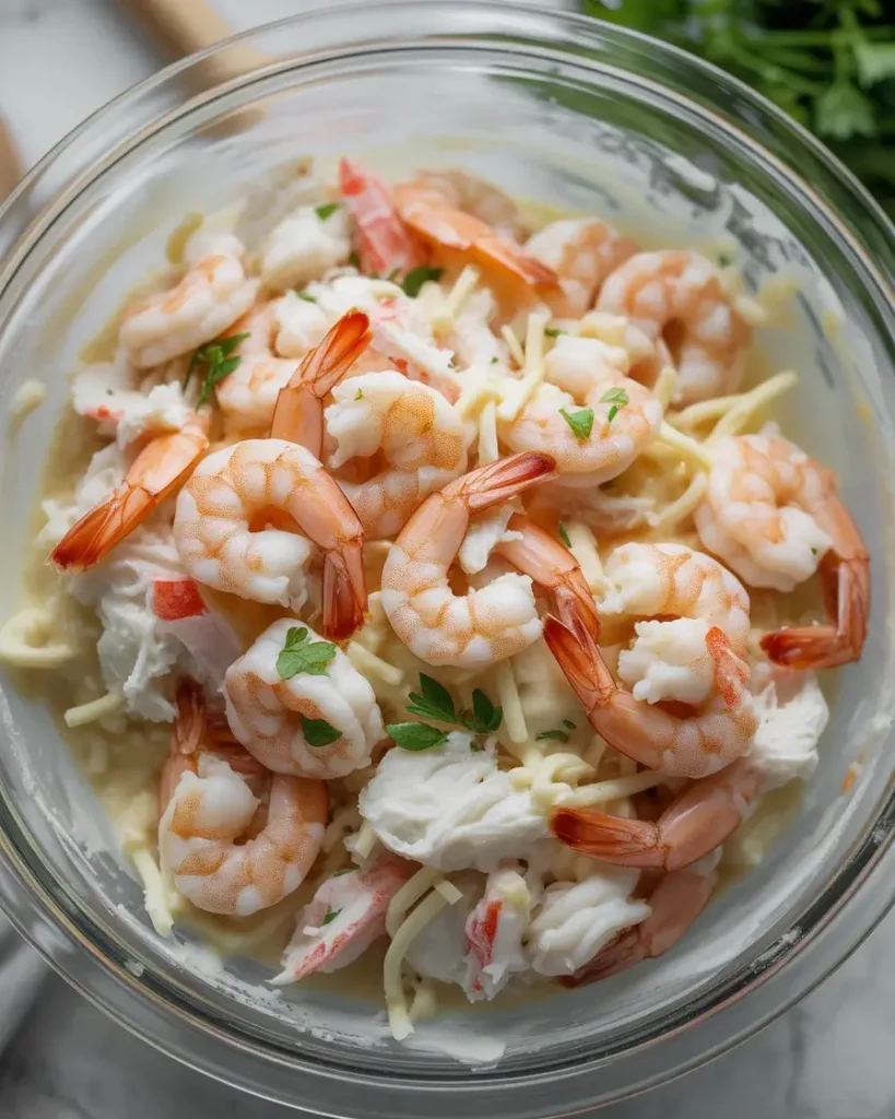 Creamy shrimp and crab filling mixed with mozzarella, garlic, and parsley