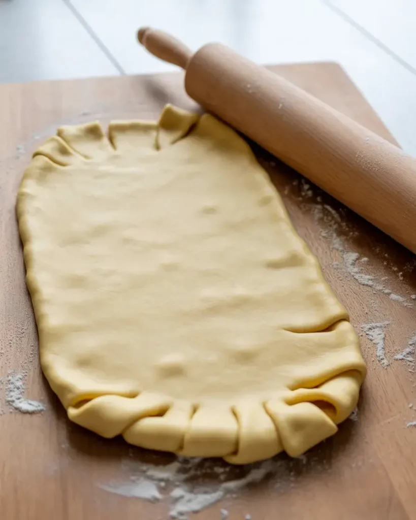Crescent dough rolled flat and seams pressed together, ready for filling