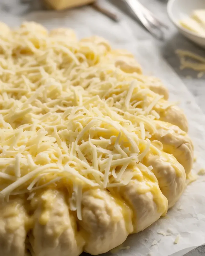 Dough layered with garlic butter, mozzarella, and parmesan before rolling