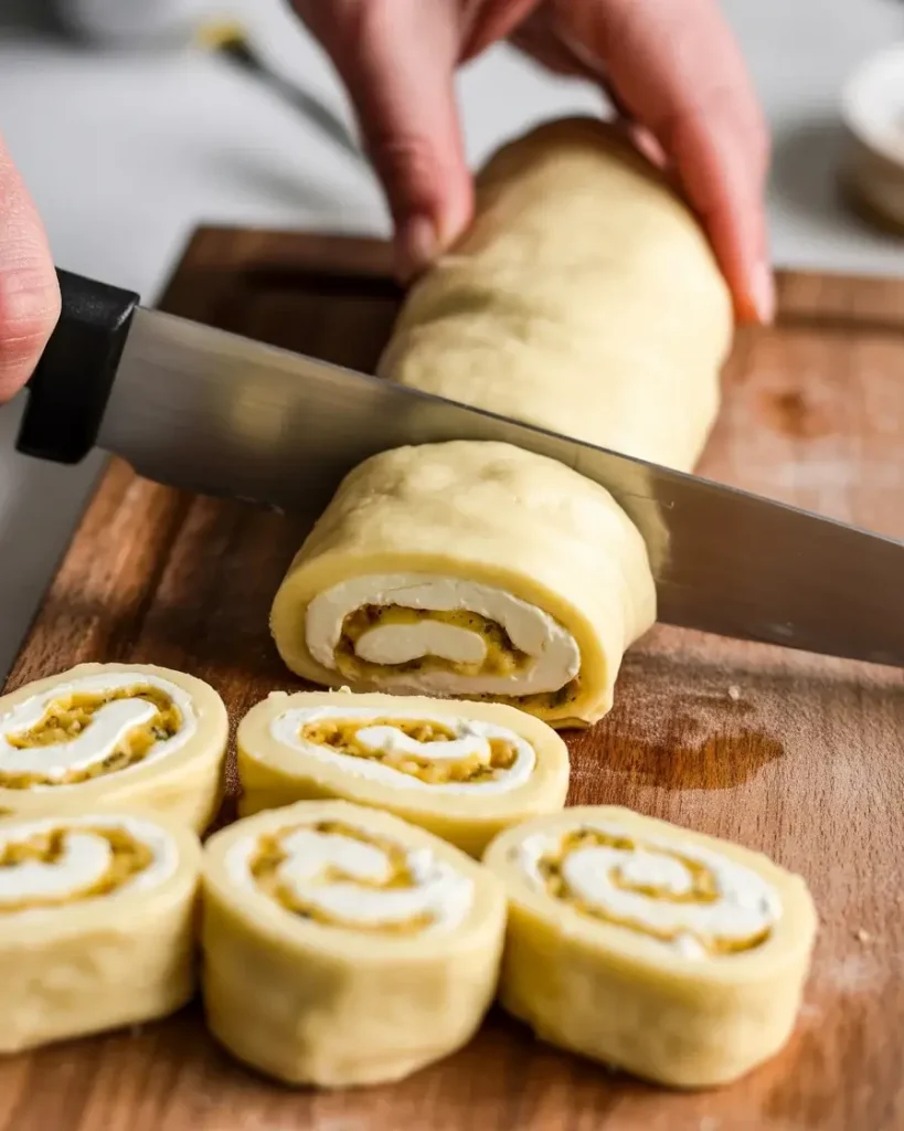 Dough log sliced into even rollups showing cheesy garlic swirls inside