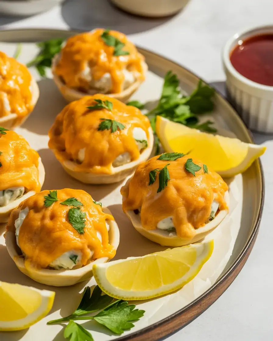 Famous Crab Bombs Classic golden from the oven, plated with parsley, lemon, and remoulade dipping sauce
