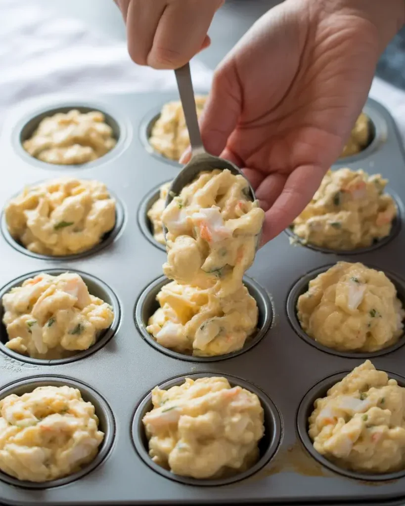 Filling muffin wells three-quarters full with creamy crab mixture for perfect crab bomb shape