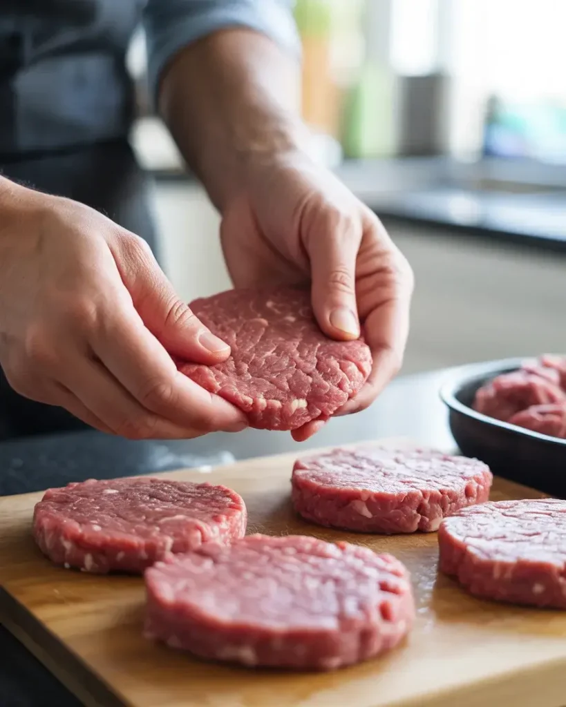 Flattening seasoned ground beef into even disks before adding the cheddar filling