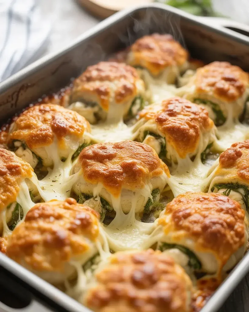 Freshly baked rollups golden brown on top with cheese bubbling around the edges