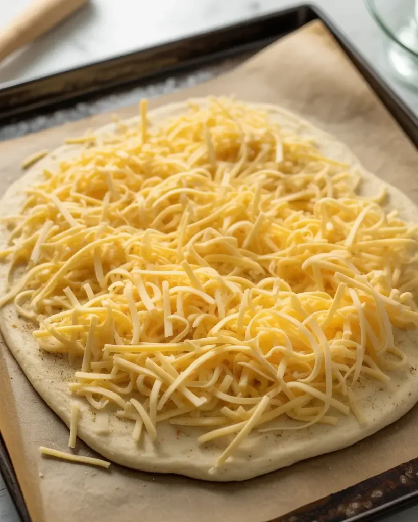 Freshly shredded Mexican blend cheese pressed firmly into the seasoned dough