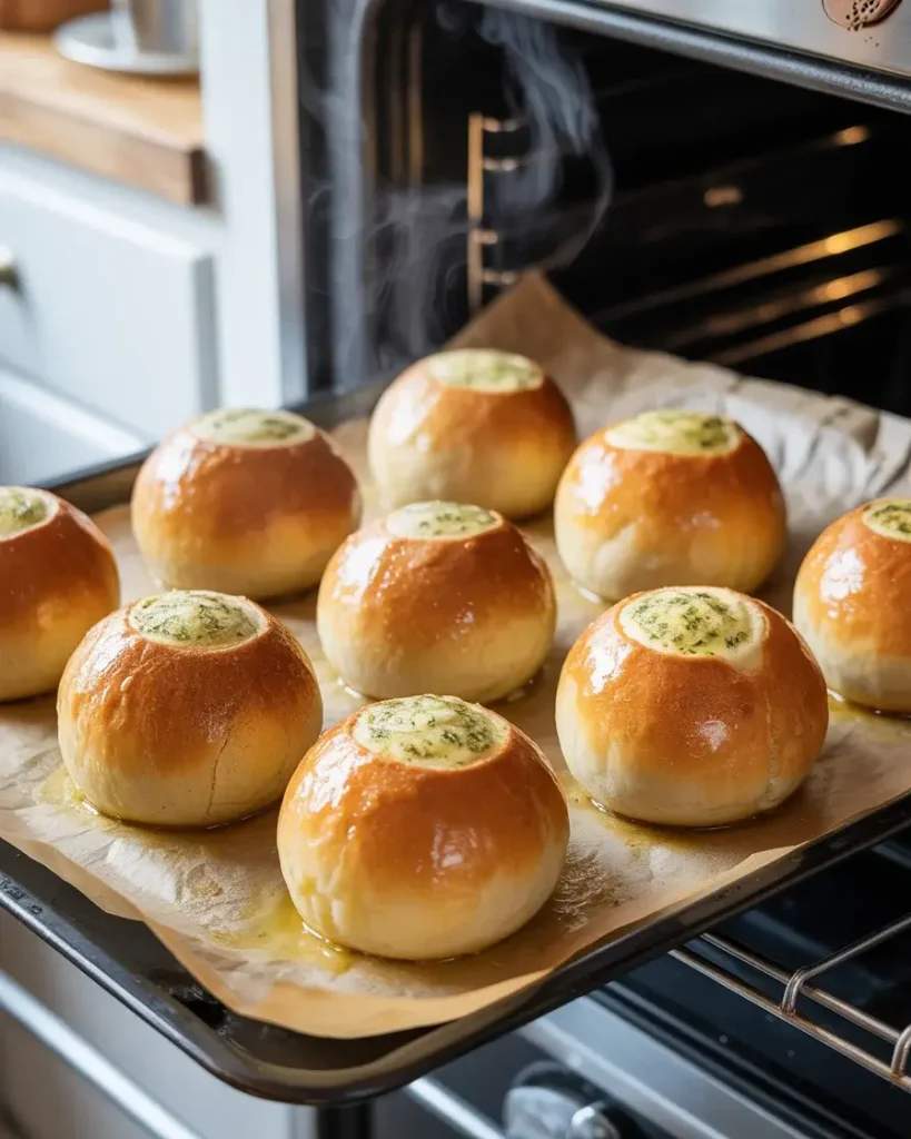 Garlic bread bombs baking to deep golden brown at 375°F