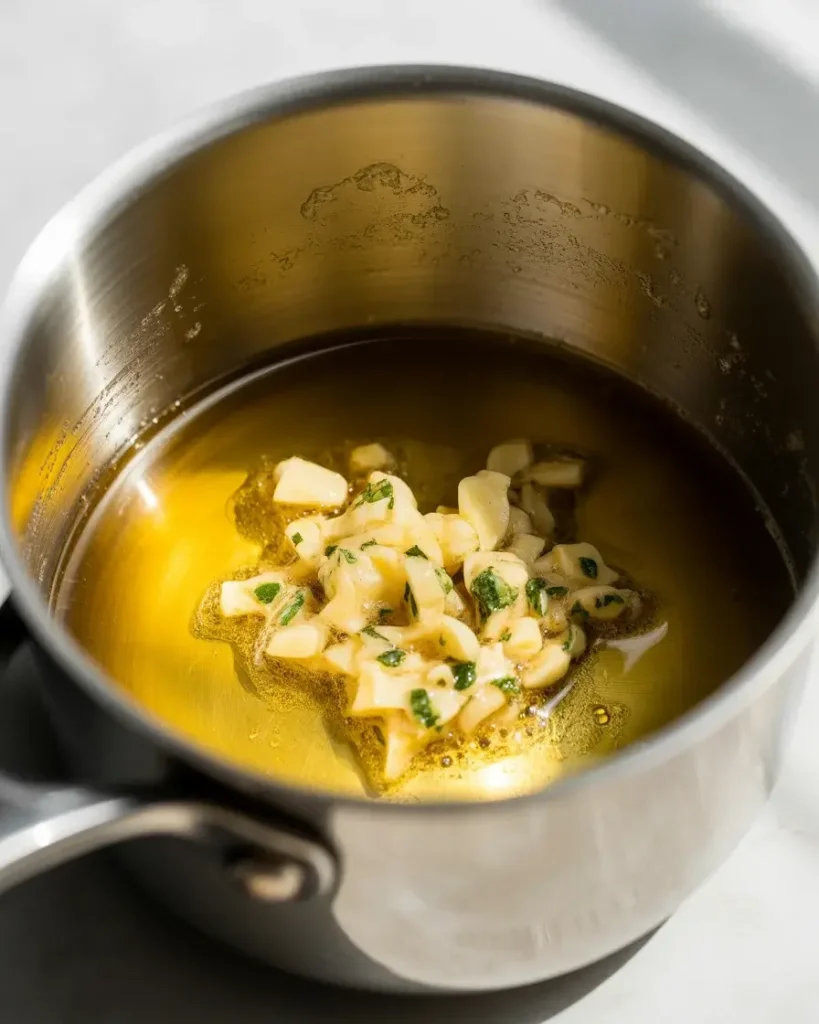 Garlic butter simmering with fresh parsley until fragrant and lightly golden