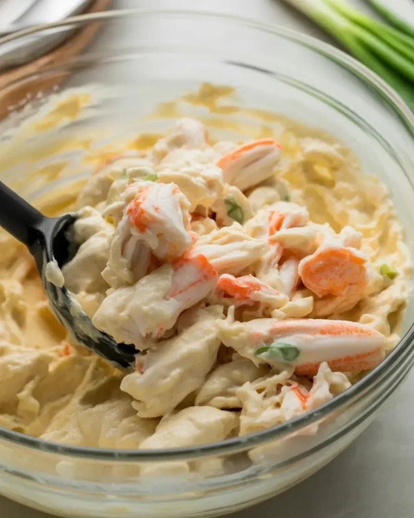 Gently folding jumbo lump crab into creamy filling to keep those big beautiful lumps intact