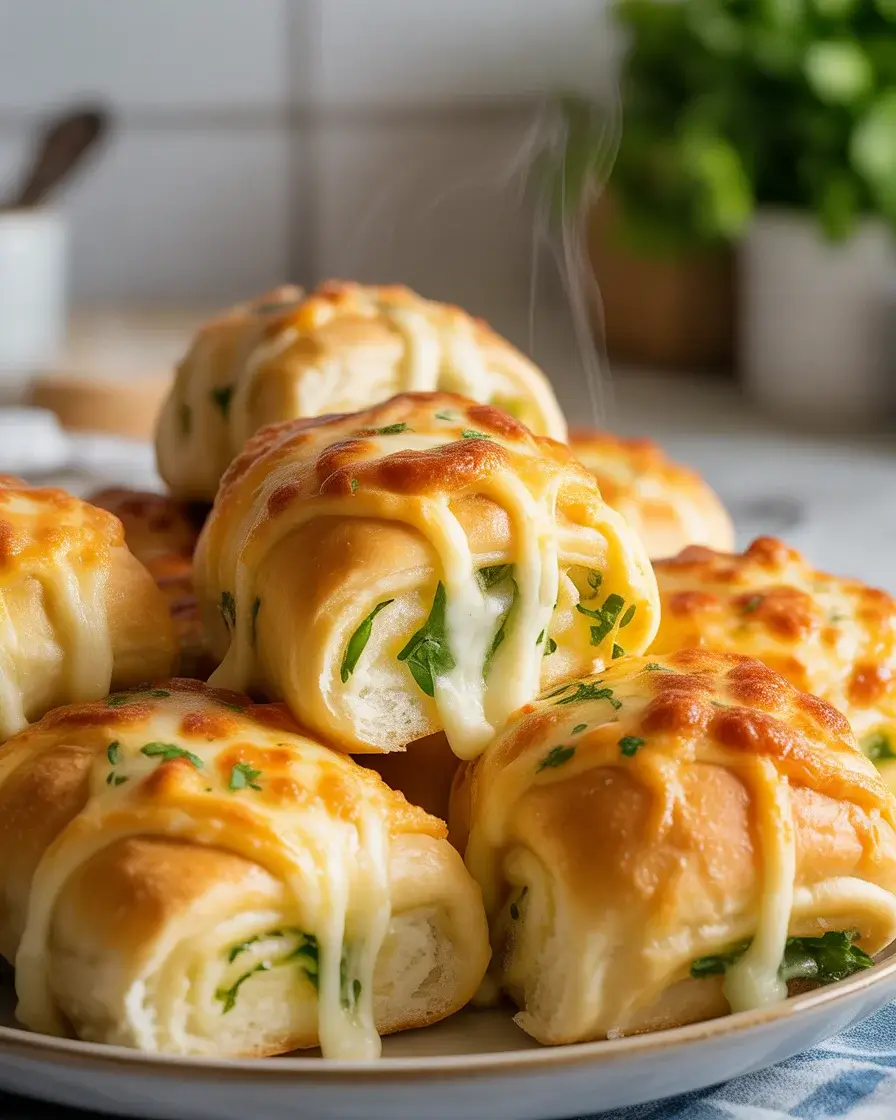Golden cheesy garlic butter rollups brushed with butter and loaded with melted mozzarella