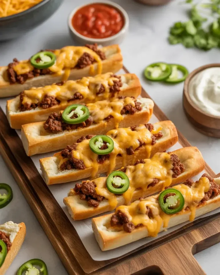 Golden cheesy taco breadsticks with crispy edges served with salsa and sour cream for dipping