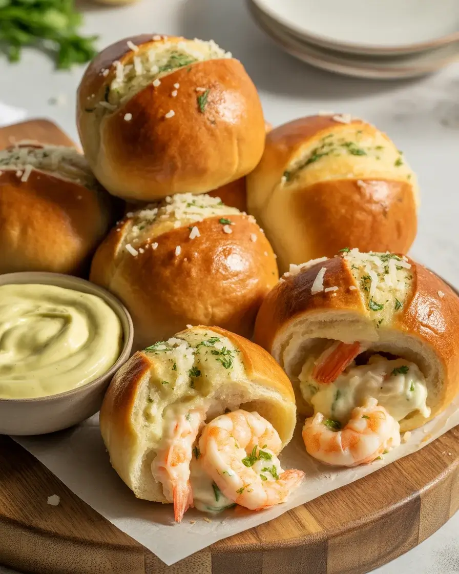 Golden garlic bread bombs stuffed with creamy crab and shrimp, served with lemon aioli