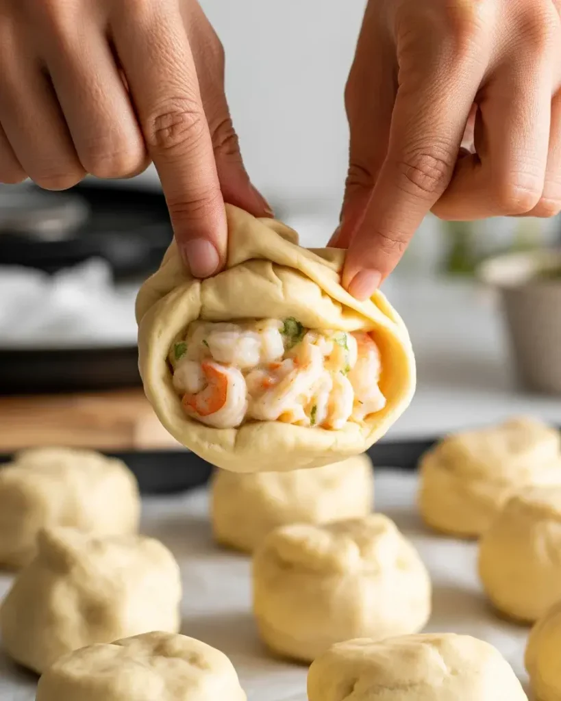 Pinching and sealing dough around the creamy seafood filling