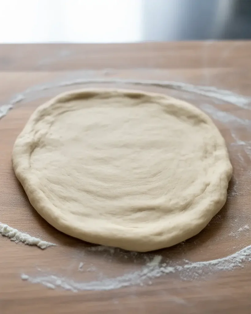 Pizza dough rolled to quarter-inch thickness, rested and ready for toppings