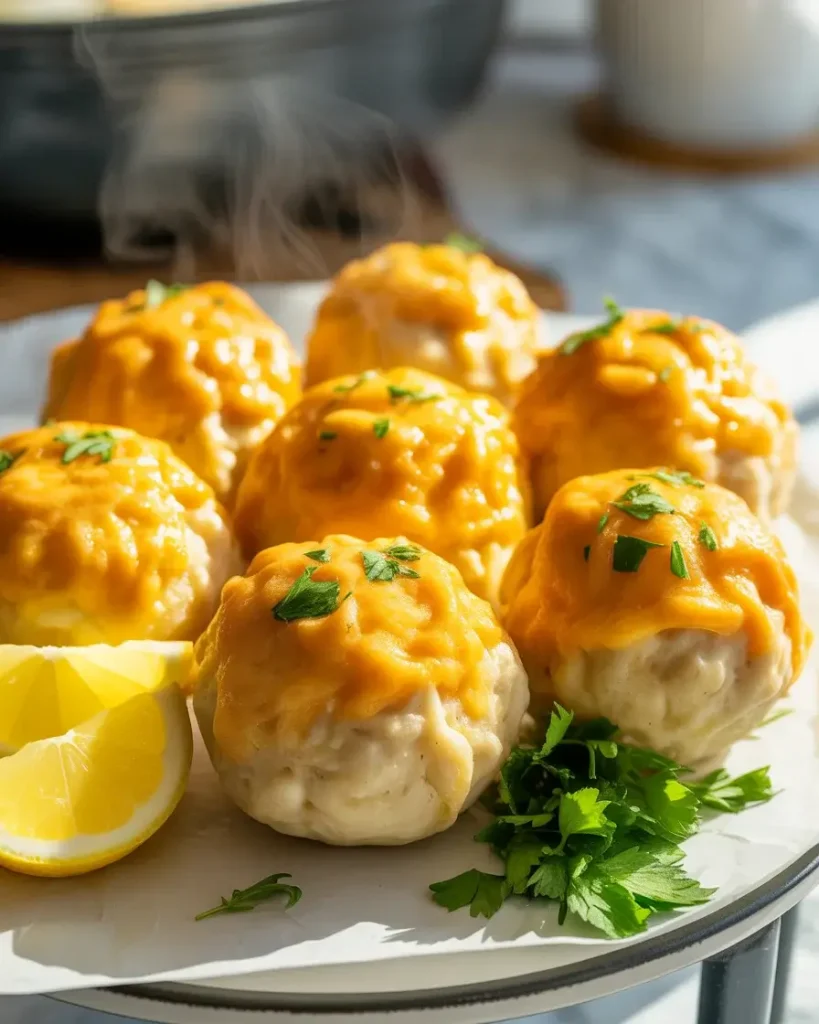 Plated crab bombs garnished with fresh parsley and lemon wedges for a stunning appetizer spread