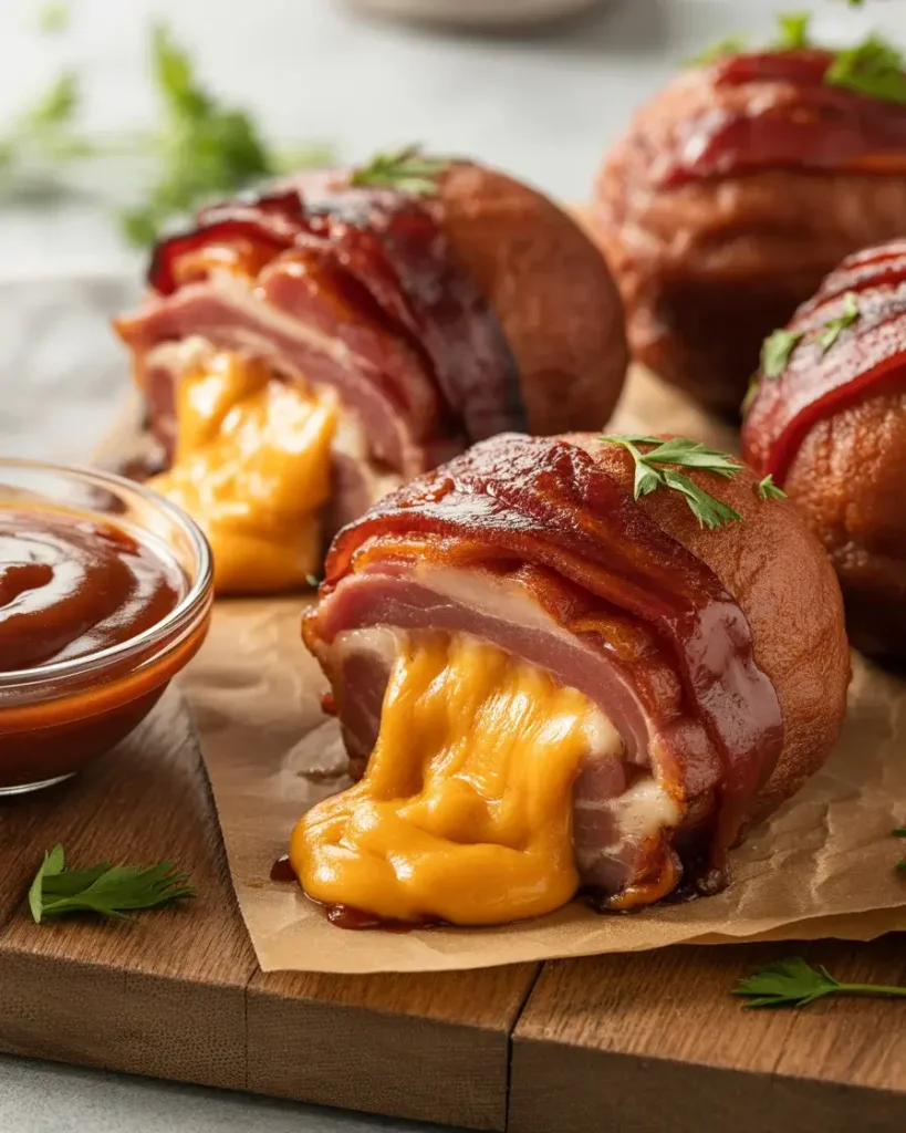 Rested bacon bombs sliced open to show the dramatic melted cheddar cheese pull inside