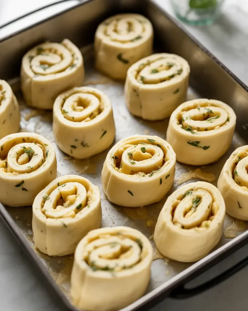 Rollups arranged in baking dish before going into the oven