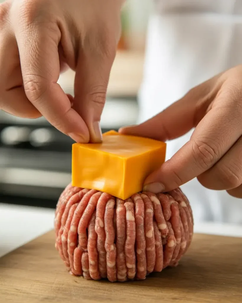 Sealing a cheddar cube inside the seasoned beef ball before wrapping in bacon